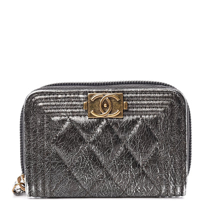 Chanel Cracked Metallic Calfskin Quilted Boy Zip Around Coin Purse Wallet Dark Silver 1 of 8