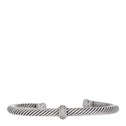 David Yurman Sterling Silver 18K White Gold Diamond 5mm Cable Classics Station Bracelet 1 of 3
