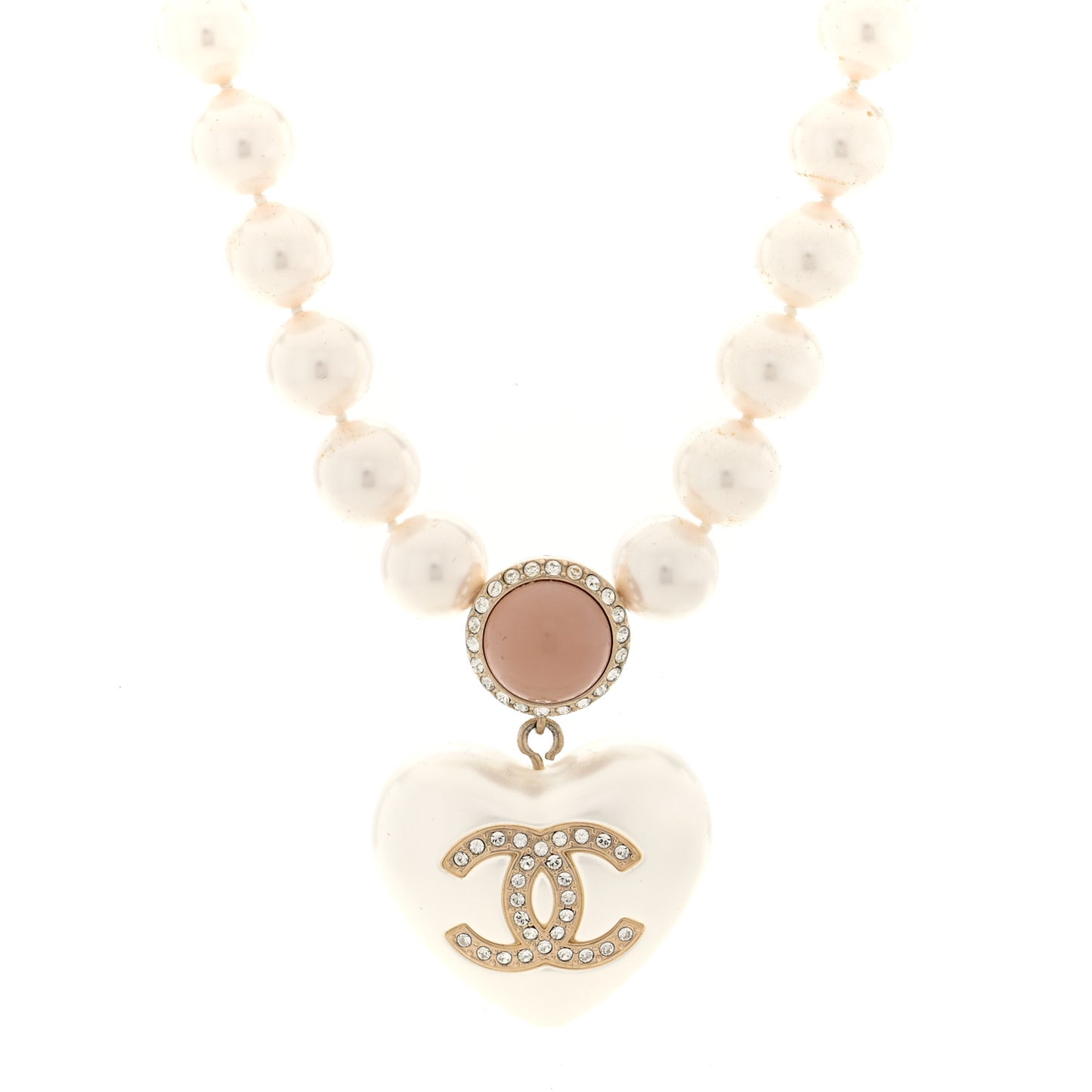 Pearl Crystal CC Heart Short Necklace Gold Pearly White Pink