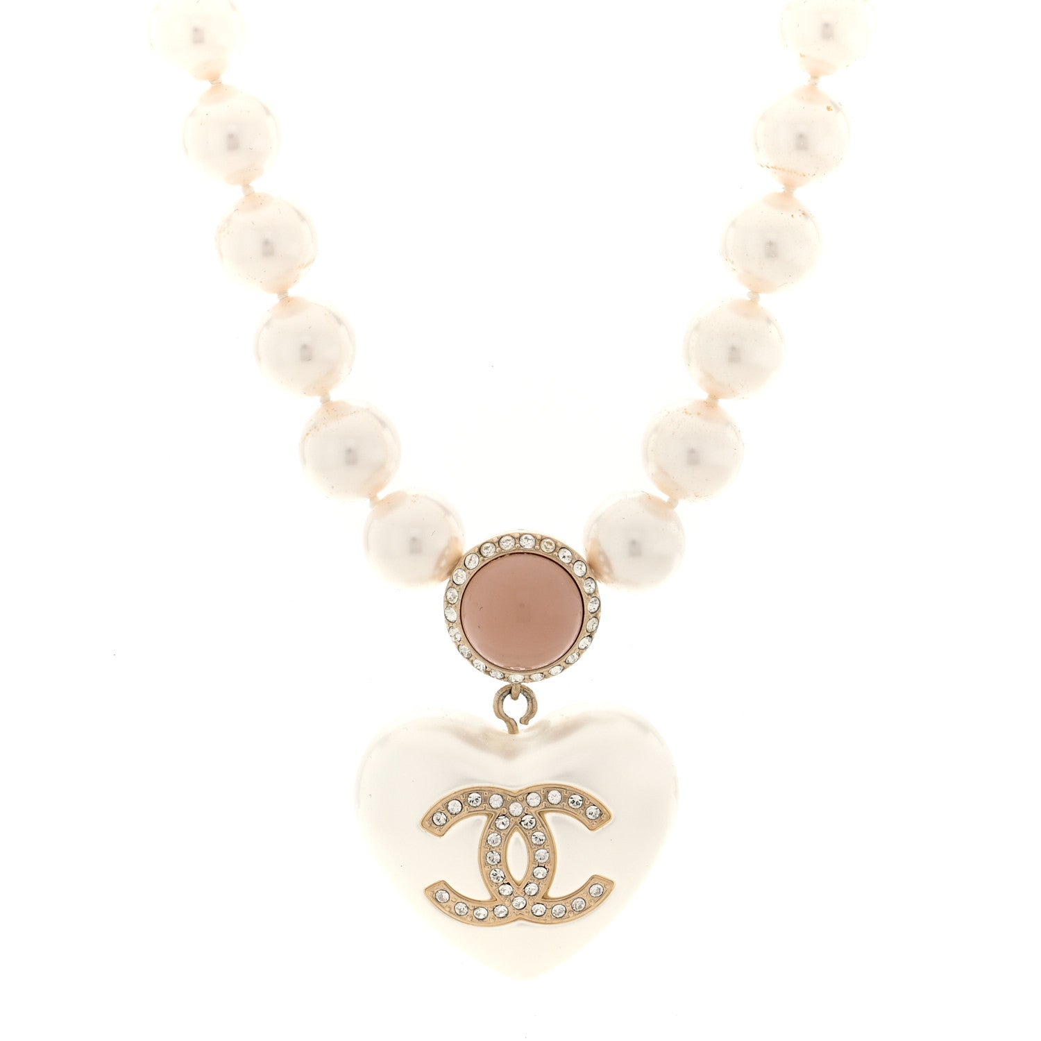 Chanel Pearl Crystal CC Heart Short Necklace Gold Pearly White Pink 1 of 5