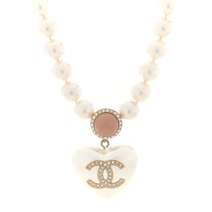 Chanel Pearl Crystal CC Heart Short Necklace Gold Pearly White Pink 1 of 5