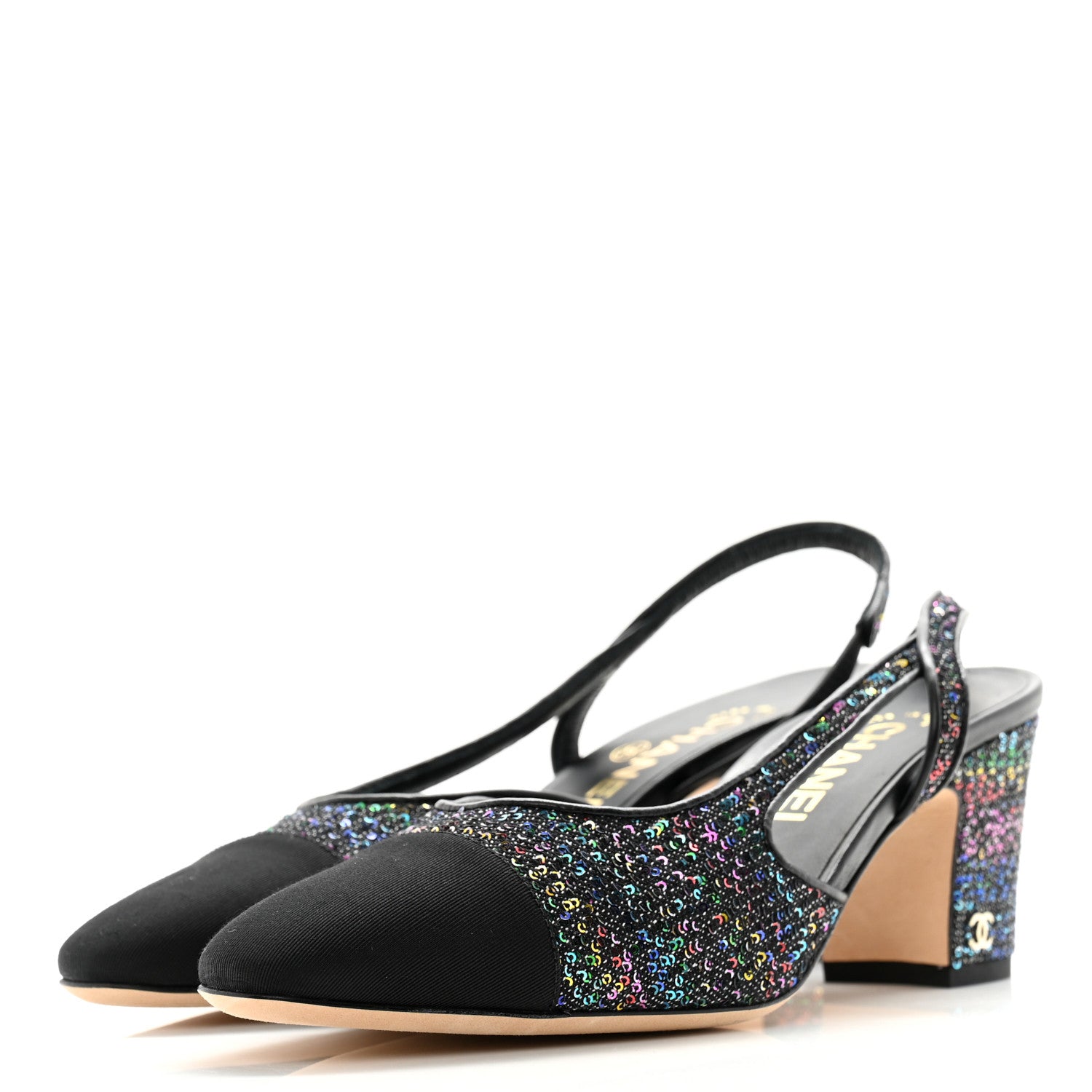Chanel Glitter Grosgrain Cap Toe CC Slingback Pumps 38 Black Multicolor 3 of 11