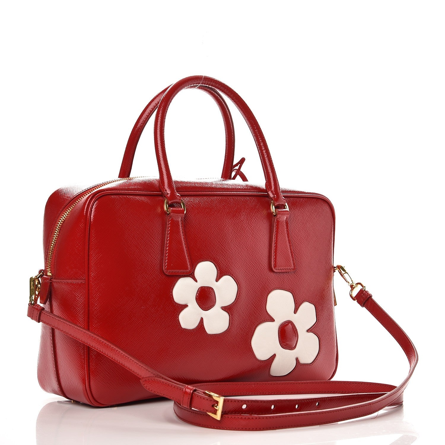 Prada Saffiano Vernice Floral Bauletto Bag Rosso Bianco 4 of 9