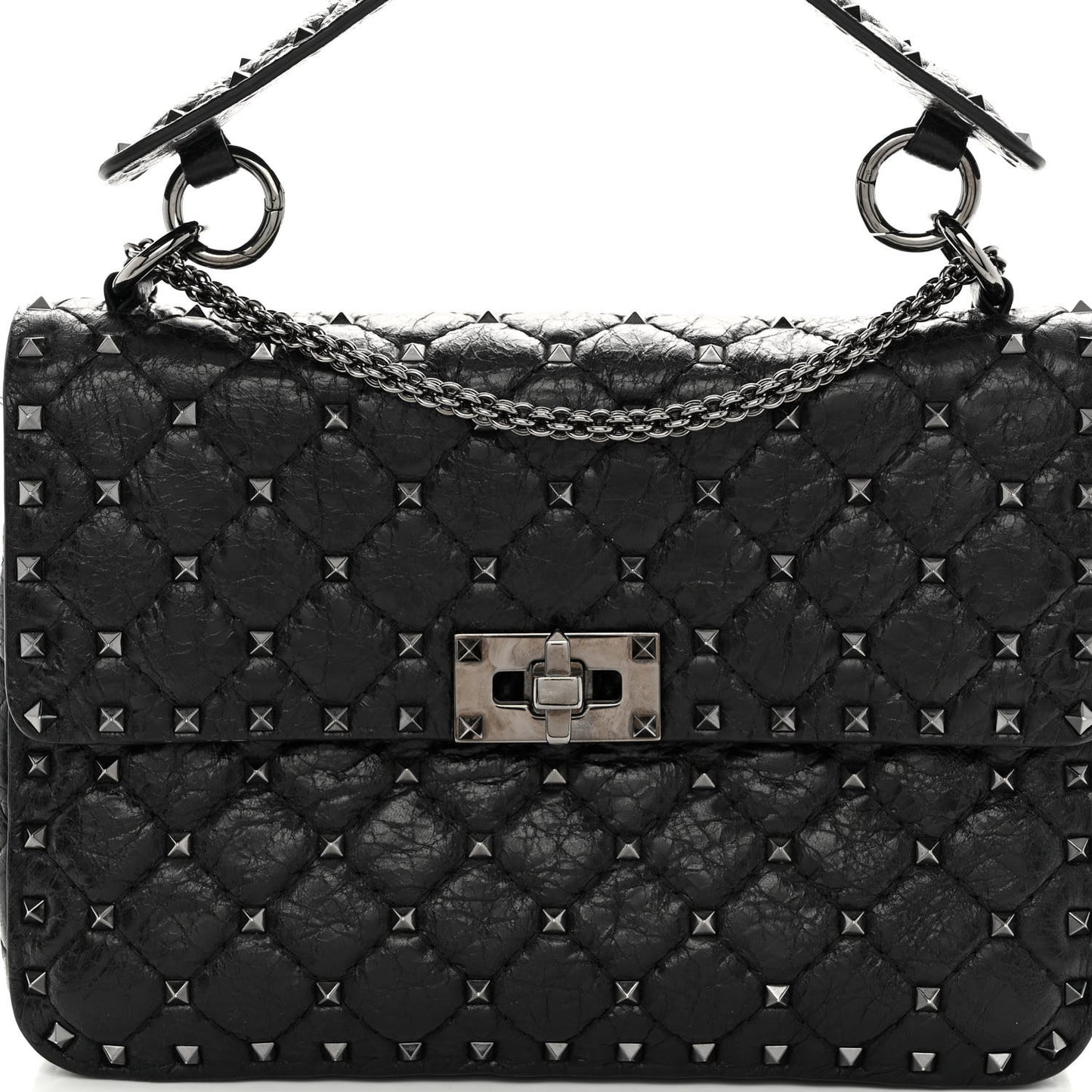 Craquele Nappa Medium Rockstud Spike Shoulder Bag Black