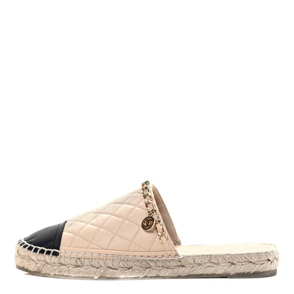 Chanel Lambskin Grosgrain Quilted CC Chain Espadrille Mules 38 Beige Black 1 of 8