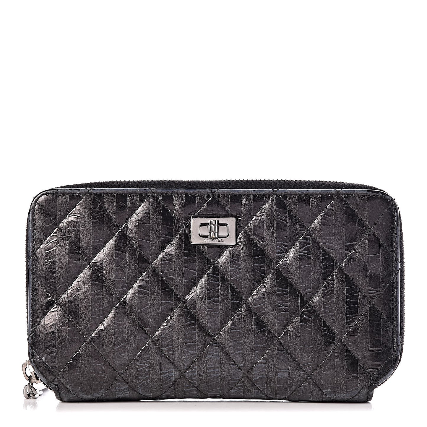 Aged Calfskin Striped Reissue Zip Around Wallet Black