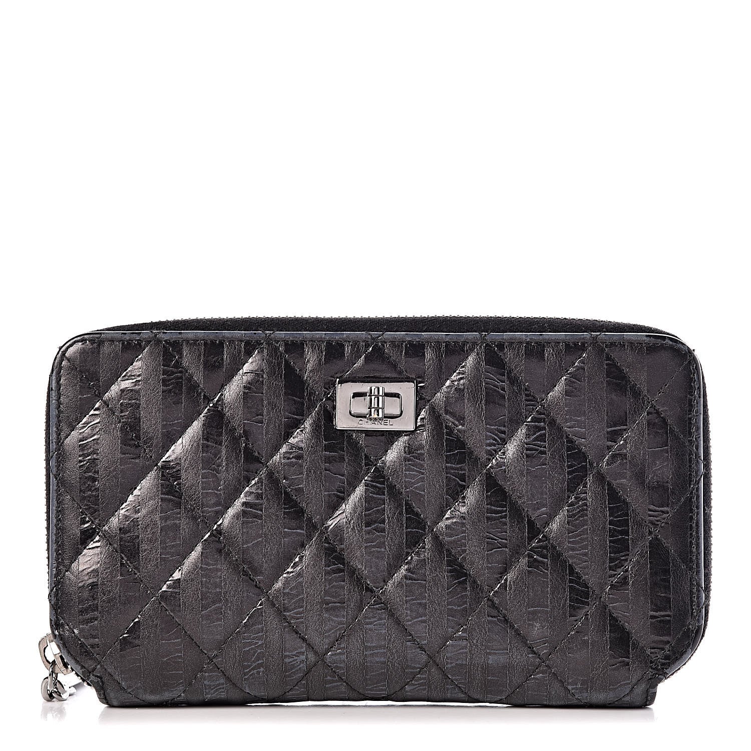 Chanel Aged Calfskin Striped Reissue Zip Around Wallet Black 1 of 10