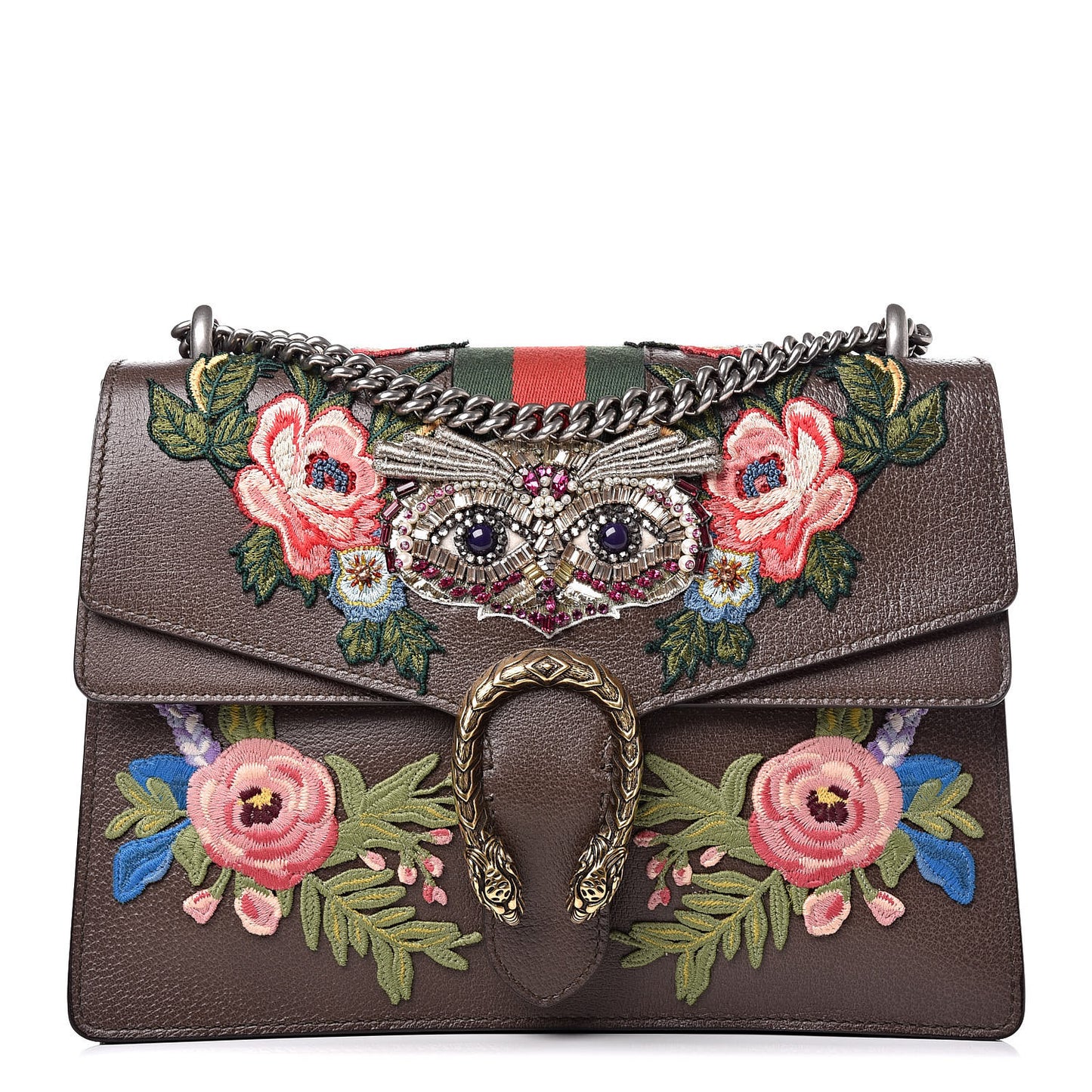Calfskin Web Owl Embroidered Medium Dionysus Shoulder Bag New Acero Multicolor