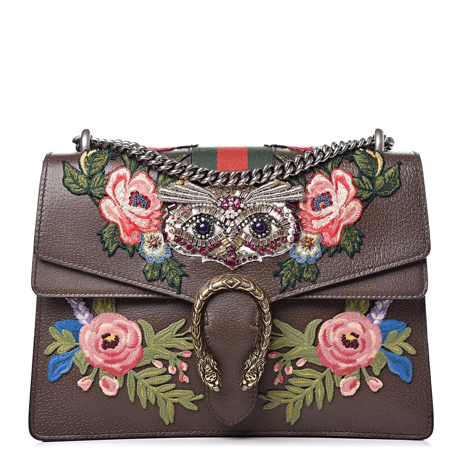 Gucci Calfskin Web Owl Embroidered Medium Dionysus Shoulder Bag New Acero Multicolor 1 of 13