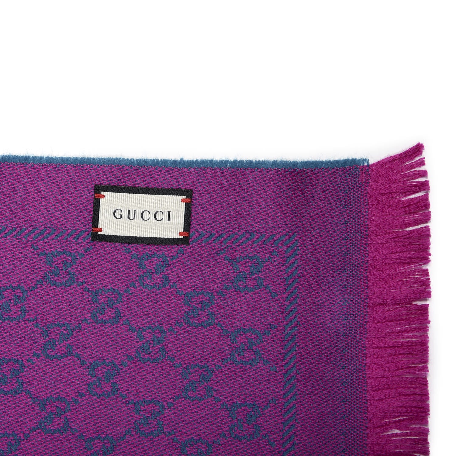 Gucci Wool GG Monogram Reversible New Sten Fringe Scarf Petroleum Blue Pink 3 of 4