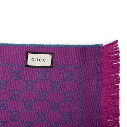 Gucci Wool GG Monogram Reversible New Sten Fringe Scarf Petroleum Blue Pink 3 of 4