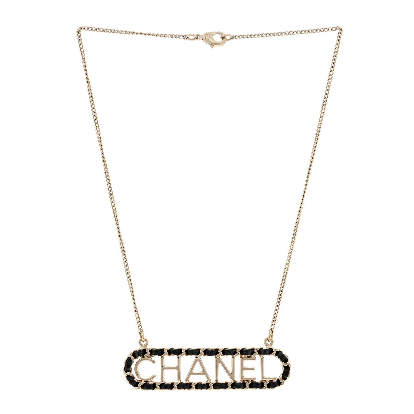 Metal Lambskin Logo Necklace Black Gold