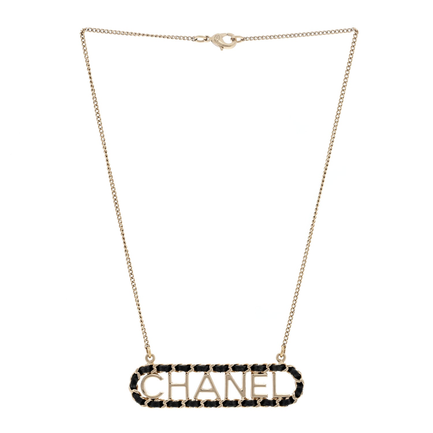 Chanel Metal Lambskin Logo Necklace Black Gold 2 of 3