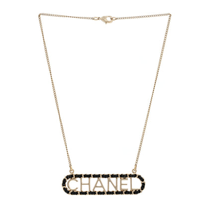 Chanel Metal Lambskin Logo Necklace Black Gold 2 of 3