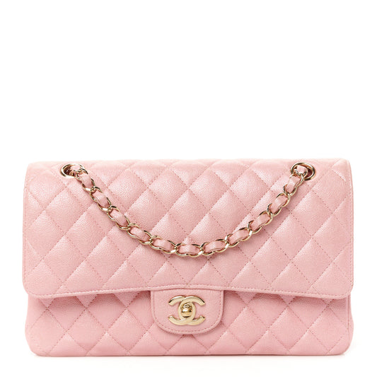 Iridescent Caviar Quilted Medium Double Flap Rose Pink