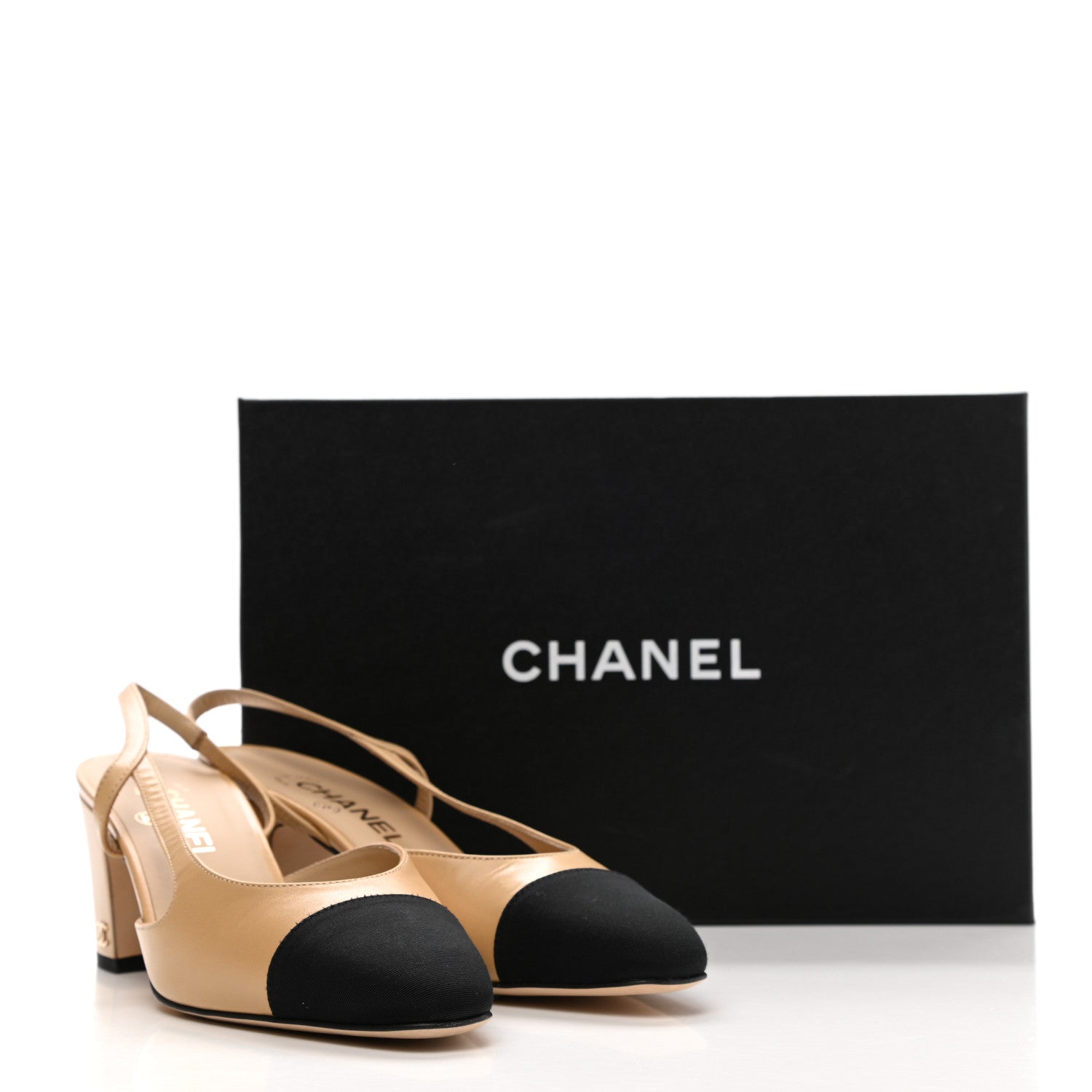 Chanel Goatskin Grosgrain Cap Toe CC Slingback Pumps 39 Beige Black 9 of 9