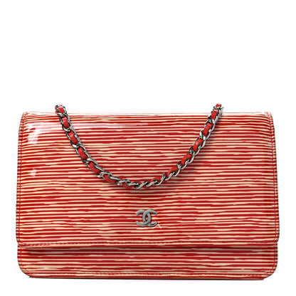Chanel Patent Striped Wallet On Chain WOC Red 1 of 8