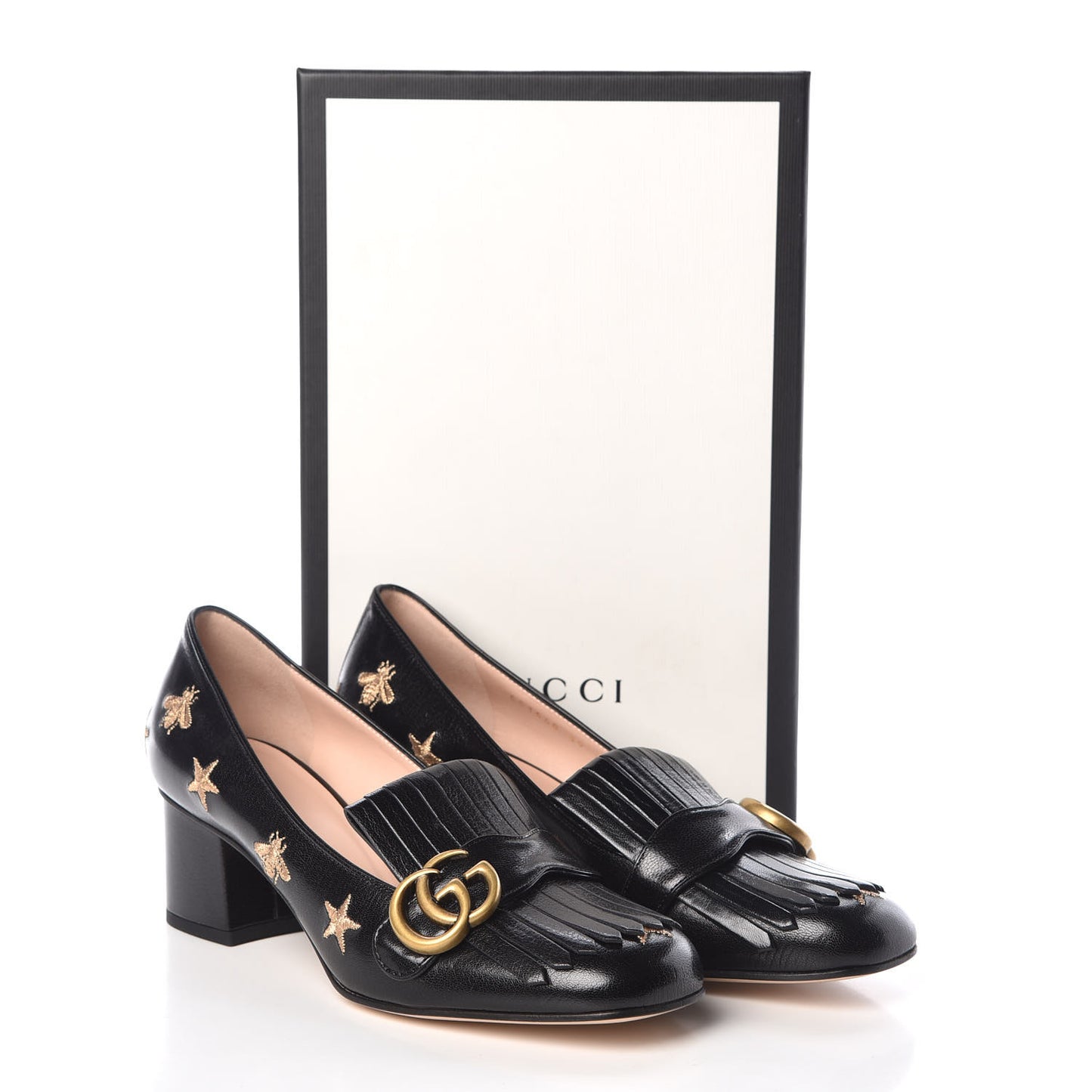 Quentin Goatskin Bee Star Embroidered GG Marmont Fringe 50mm Loafer Pumps 39 Black