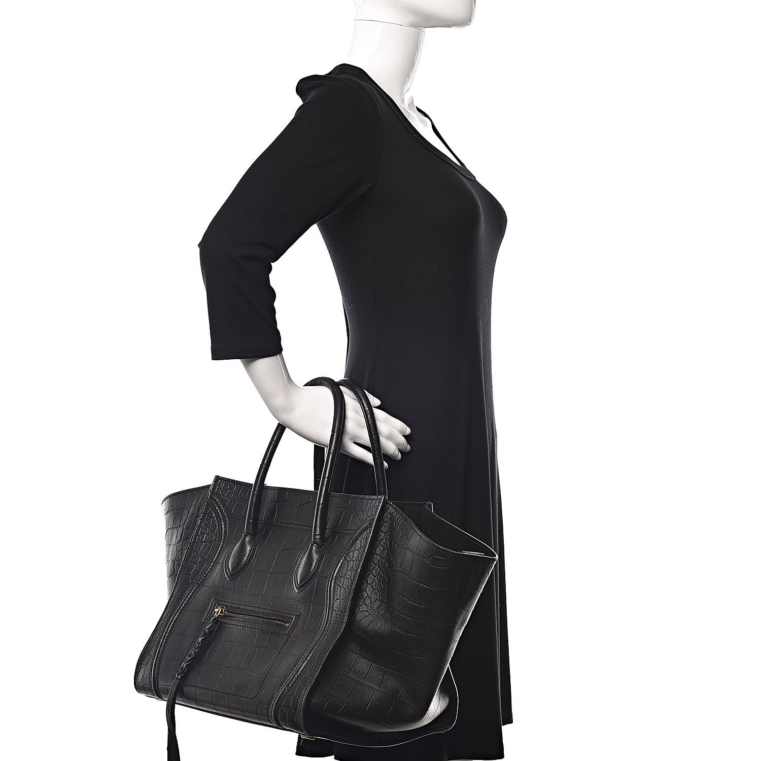 Celine Crocodile Embossed Calfskin Medium Phantom Luggage Black 2 of 10