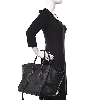 Celine Crocodile Embossed Calfskin Medium Phantom Luggage Black 2 of 10