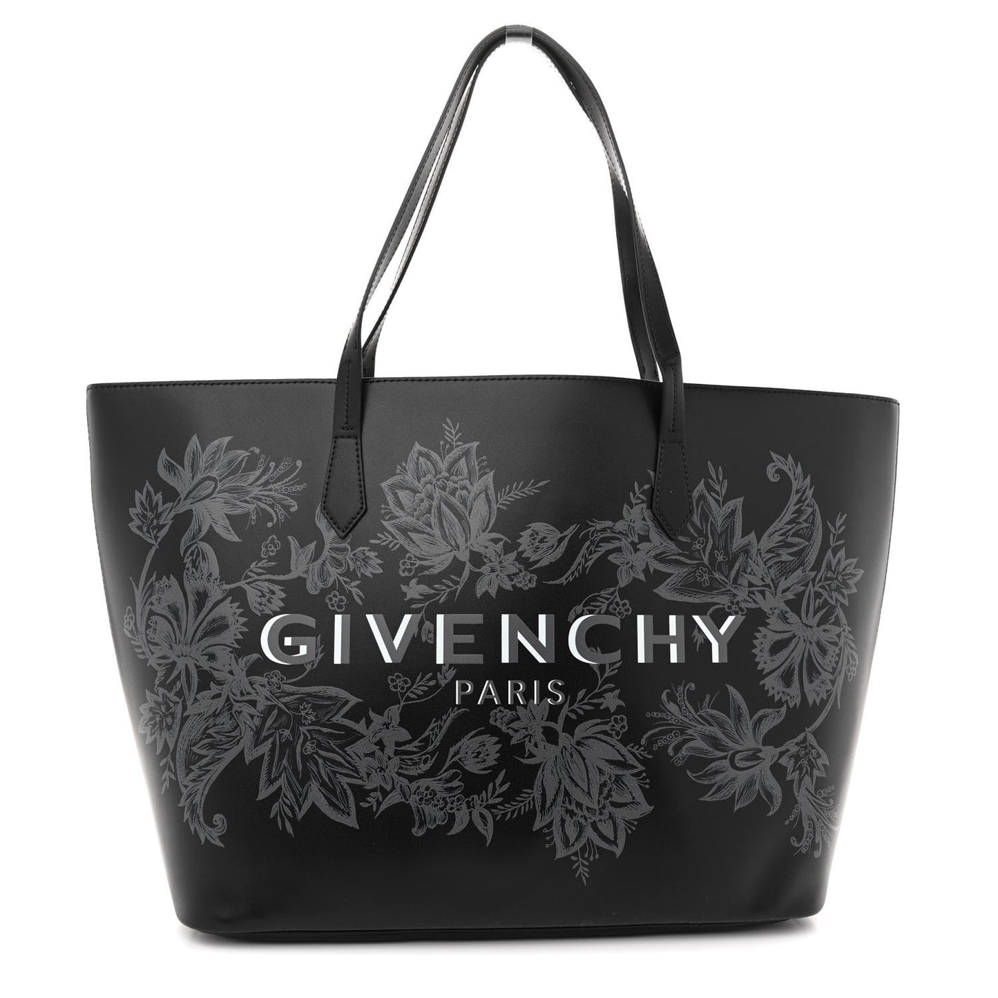 Smooth Calfskin Floral Print Logo Wing Shopper Tote Black White