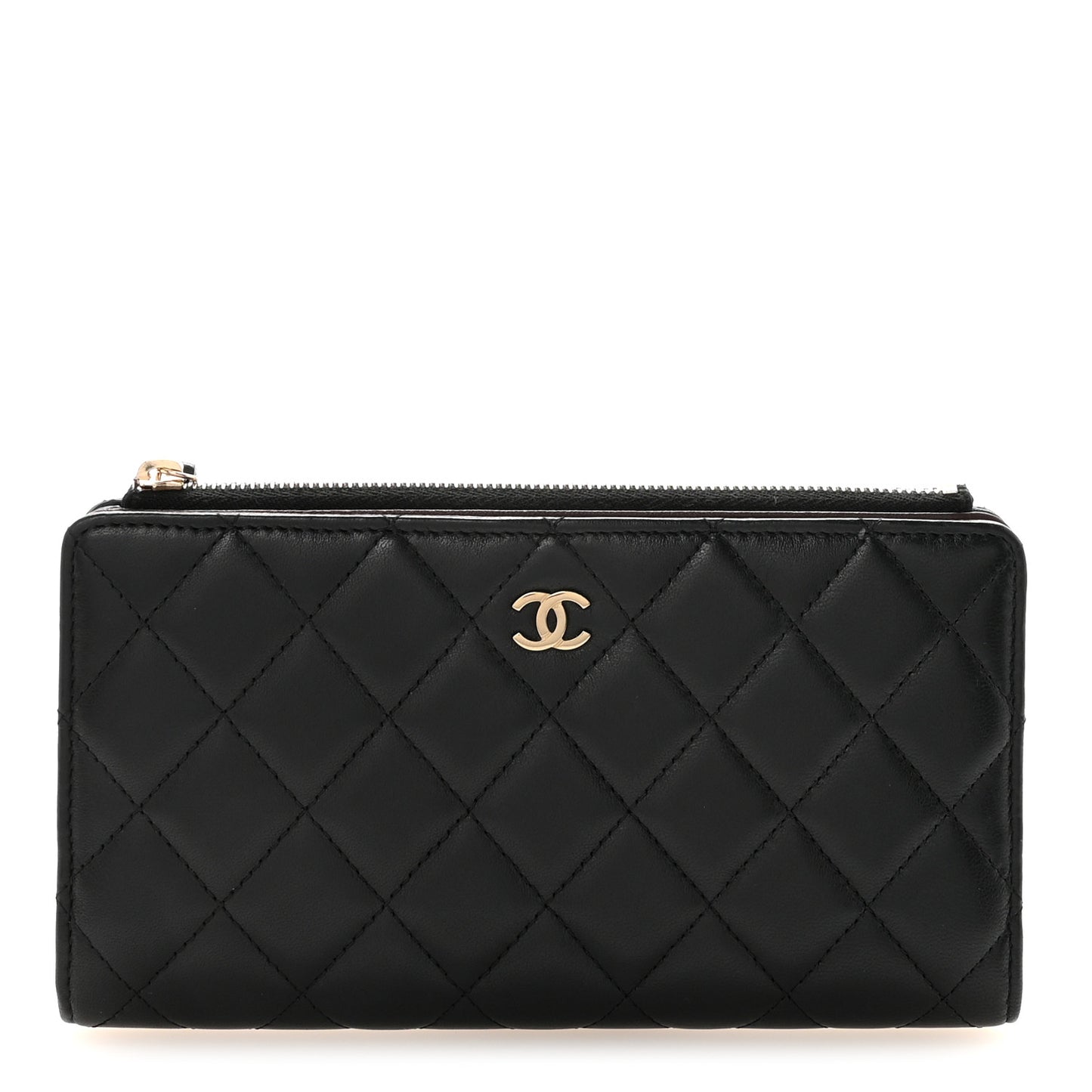 Lambskin Quilted Long Zip Wallet Black