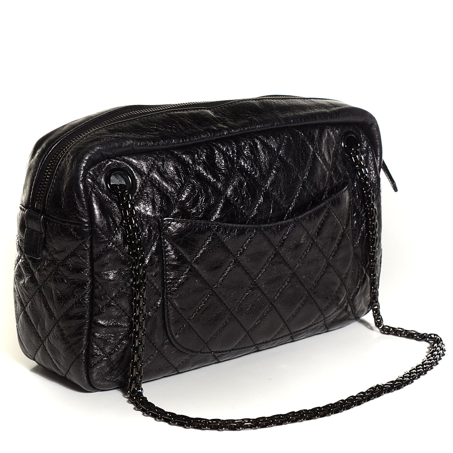 Metallic Aged Calfskin Quilted Medium Reissue Camera Case Black
