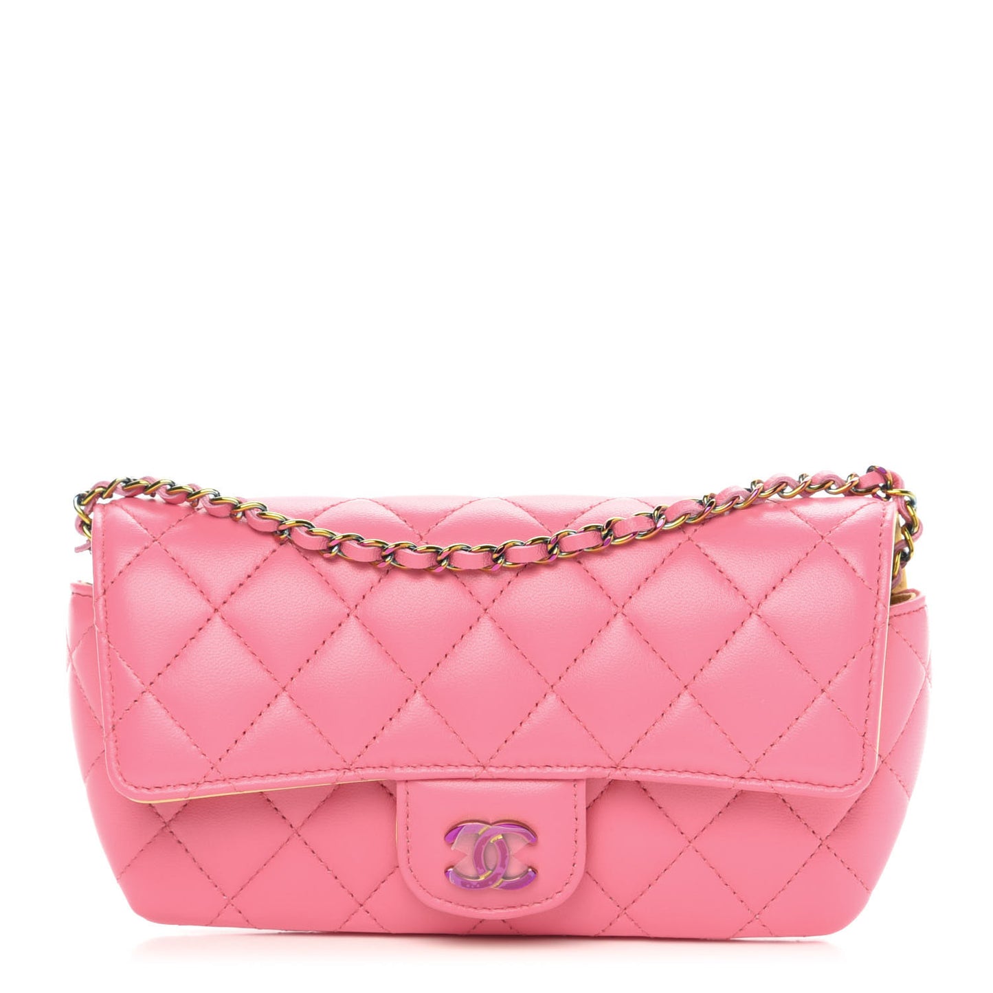 Lambskin Quilted Glasses Case With Chain Pink Yellow