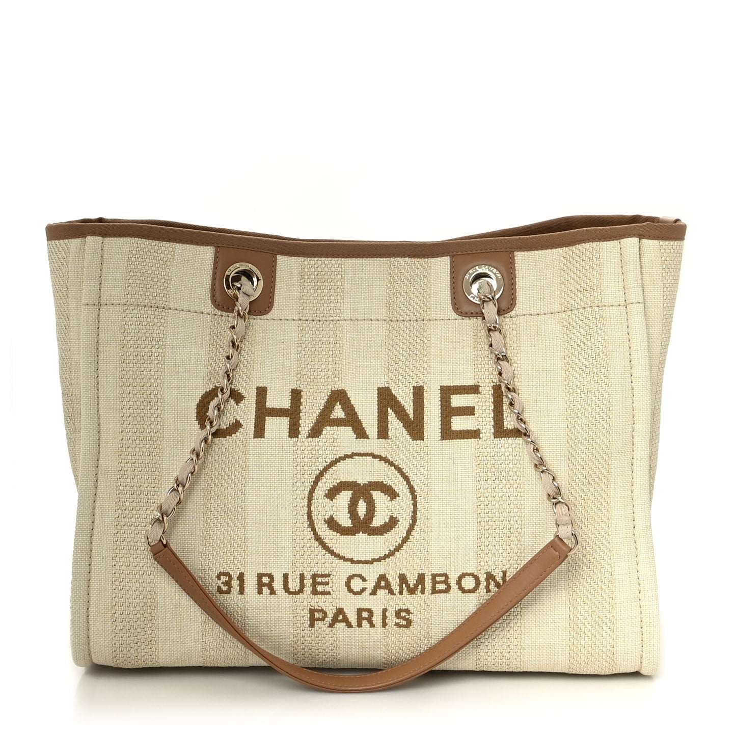 Mixed Fibers Calfskin Striped Small Deauville Tote Beige