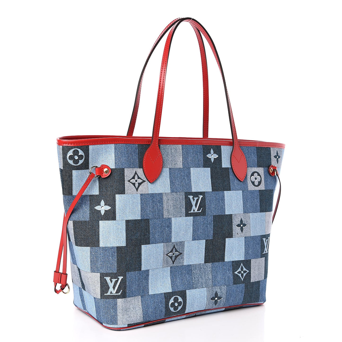 Denim Damier Monogram Patchwork Neverfull Blue Rouge