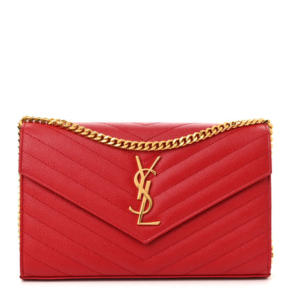 Saint Laurent Grain De Poudre Matelasse Chevron Monogram Chain Wallet New Red 1 of 10