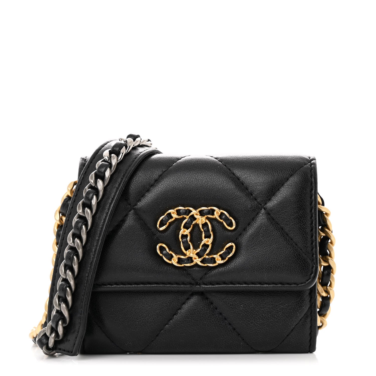 Chanel Lambskin Quilted Chanel 19 Flap Coin Purse With Chain Black 1 of 15
