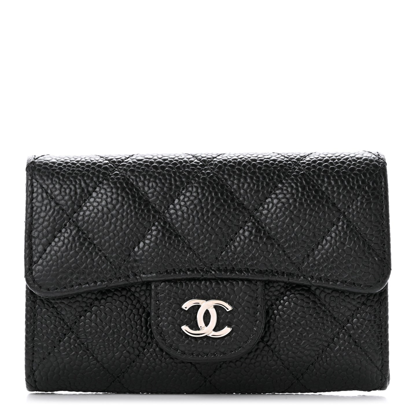 Caviar Quilted Flap Card Holder Wallet Black