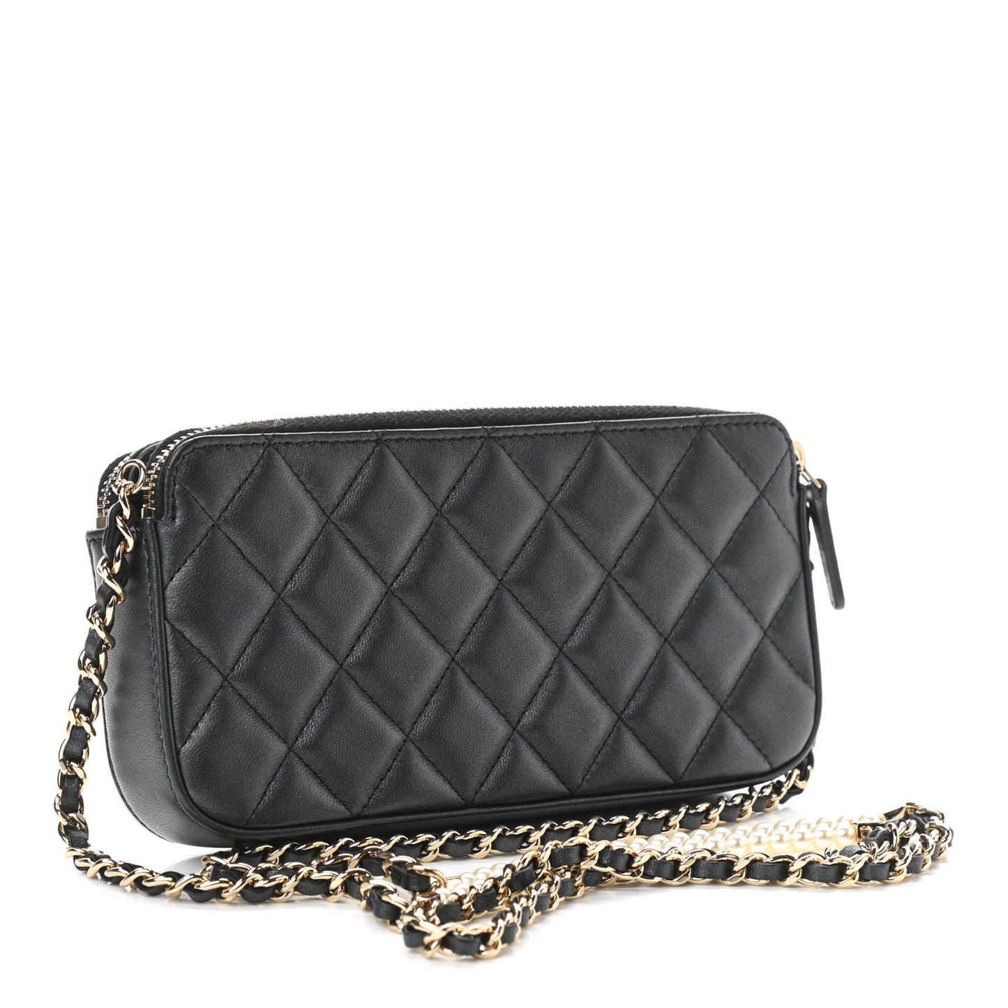 Iridescent Lambskin Quilted Pearl Clutch With Chain Black