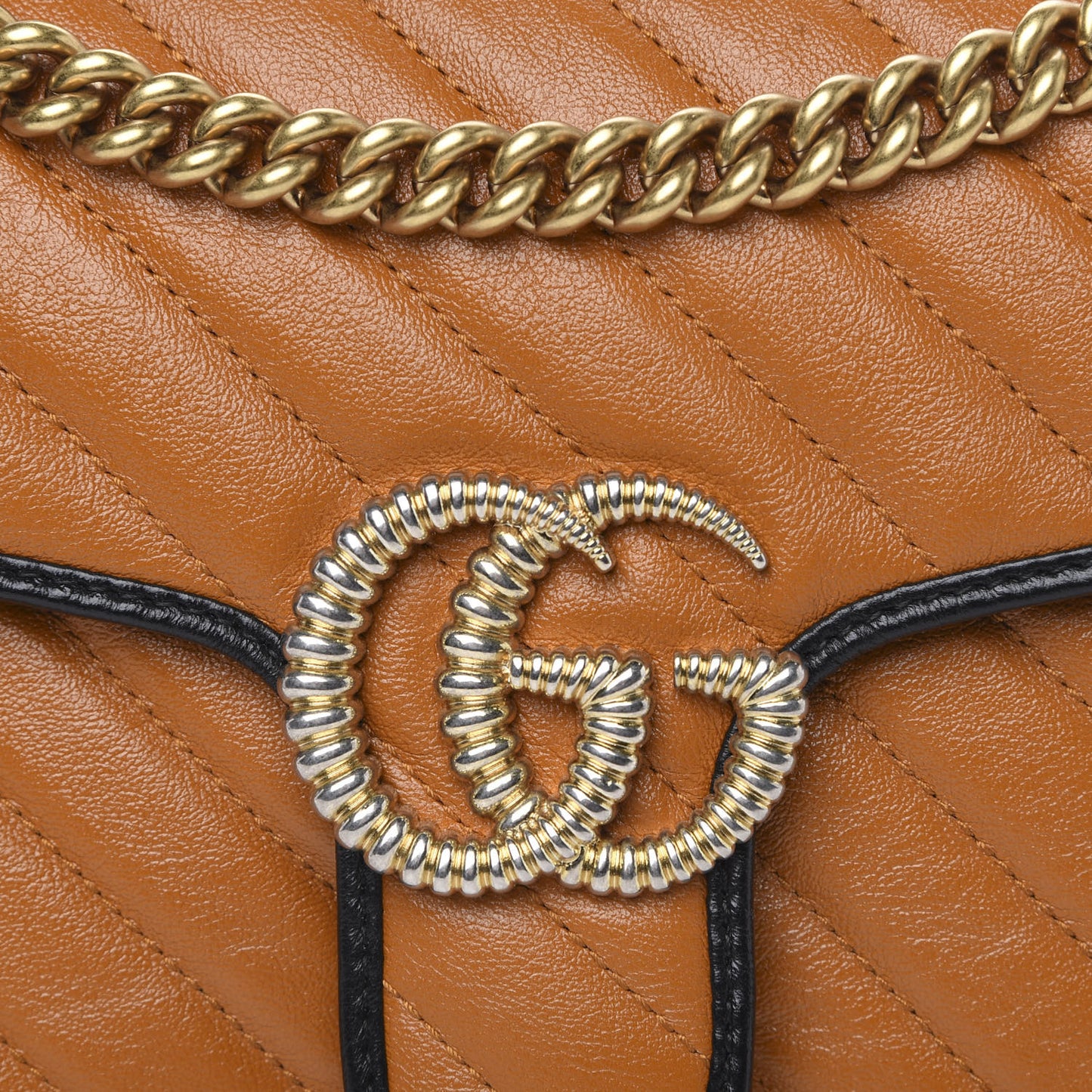Vintage Effect Calfskin Matelasse Diagonal Small Torchon GG Marmont Shoulder Bag Cognac Black