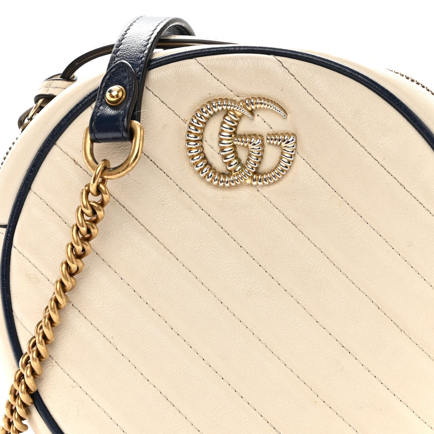 Azalea Calfskin Matelasse Diagonal Mini Torchon GG Marmont Round Shoulder Bag Mystic White Blue Agata