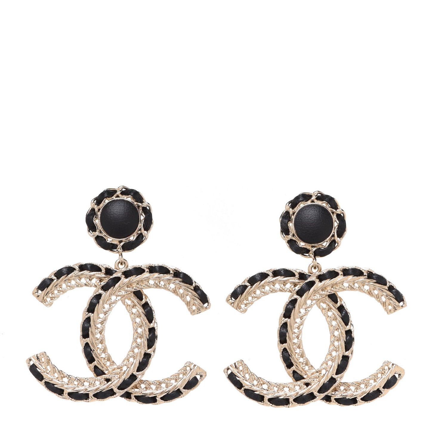 Lambskin Metal Chain CC Drop Earrings Black Gold