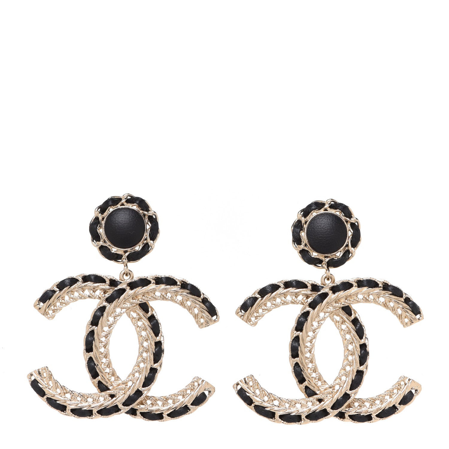 Chanel Lambskin Metal Chain CC Drop Earrings Black Gold 1 of 2