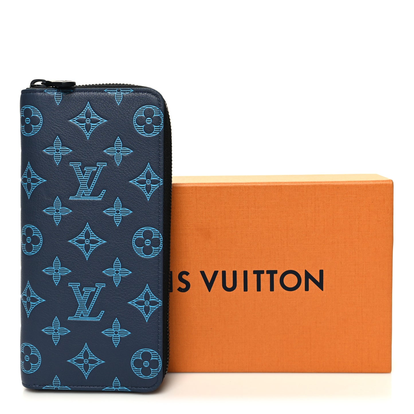 Calfskin Monogram Shadow Vertical Zippy Wallet Blue