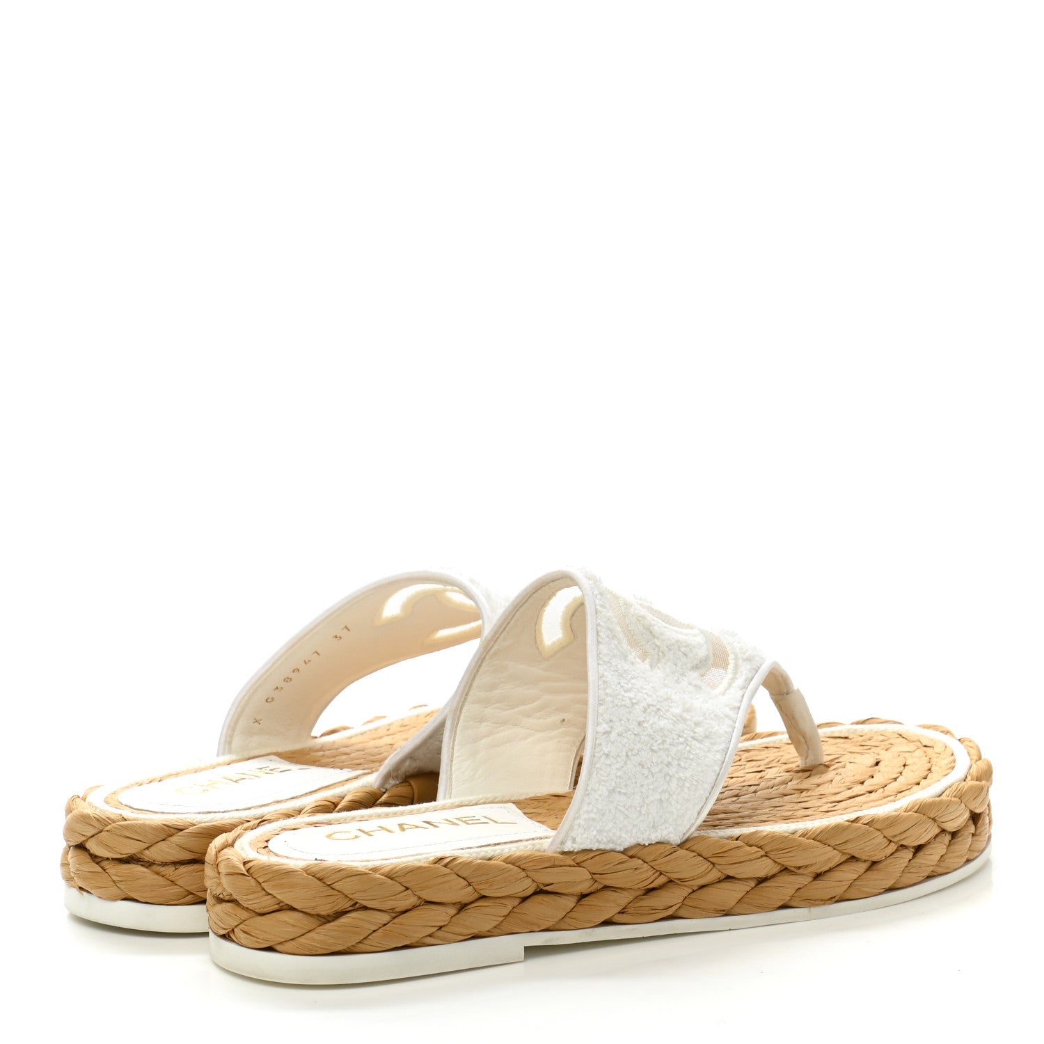 Chanel Terry Cloth Raffia CC Logo Thong Sandals 37 White 4 of 9