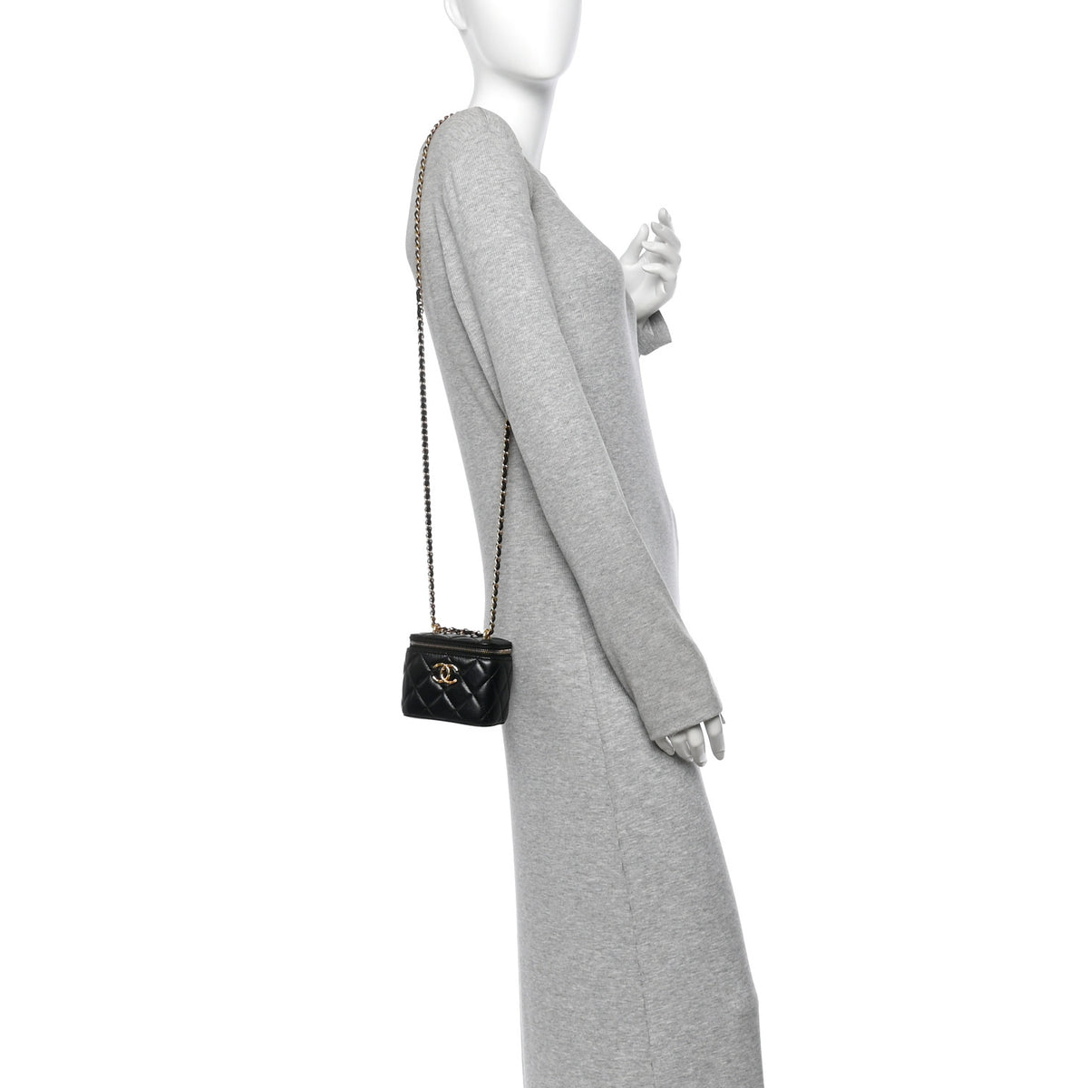 Shiny Lambskin Quilted CC Mini Vanity Case With Chain Black