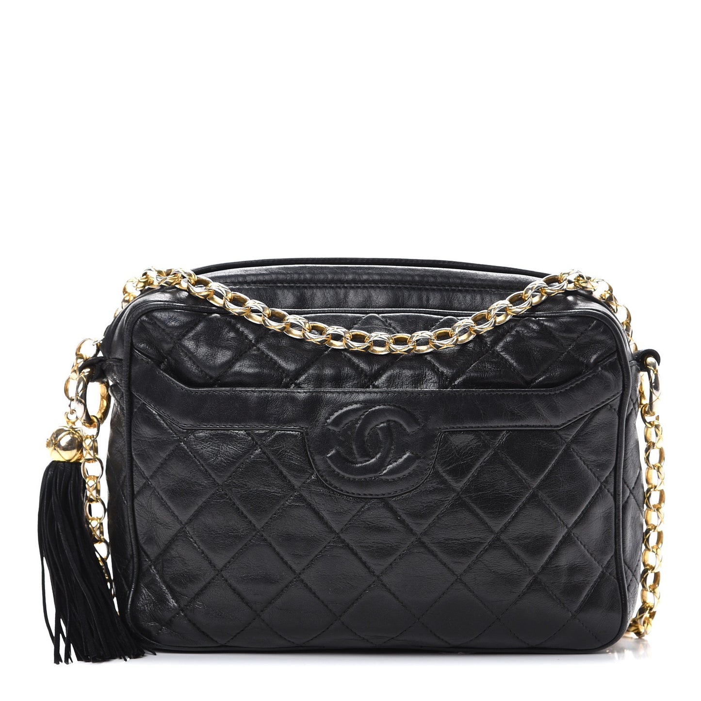 Lambskin Quilted CC Tassel Camera Case Black