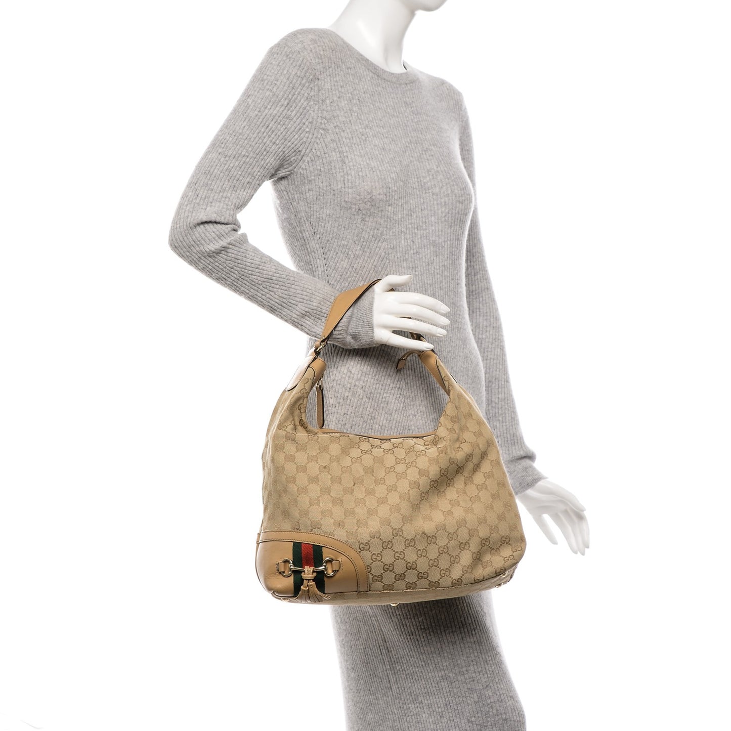 Monogram Medium Horsebit Tassel Shoulder Bag Natural Beige