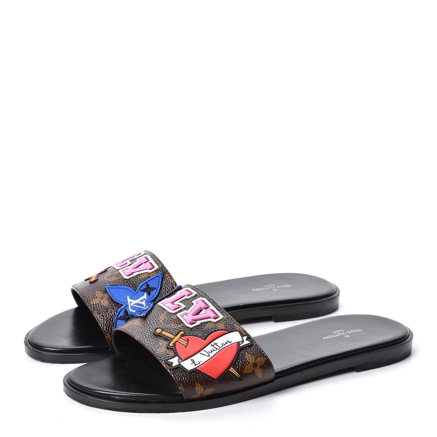 Patent Calfskin Monogram LV Black Heart Flat Mules 38 Cacao