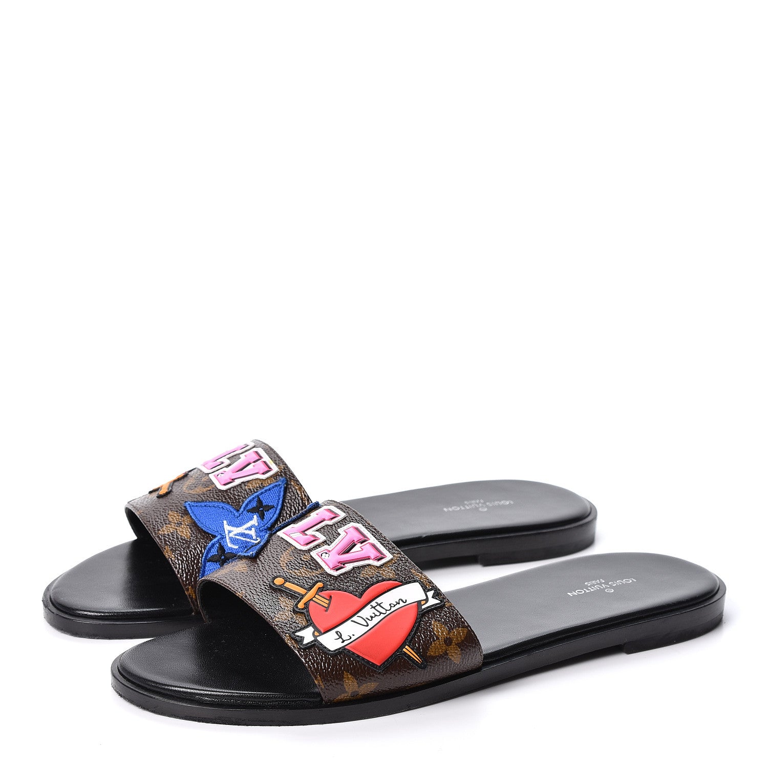 Louis Vuitton Patent Calfskin Monogram LV Black Heart Flat Mules 38 Cacao 3 of 10