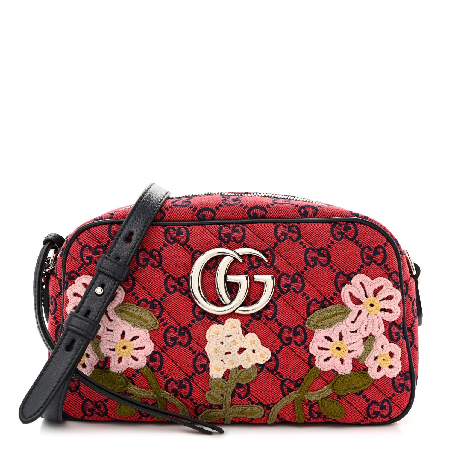 Gucci Monogram Multicolor Matelasse Diagonal Floral Embroidered Small GG Marmont Chain Shoulder Bag Red Blue Multicolor 1 of 12