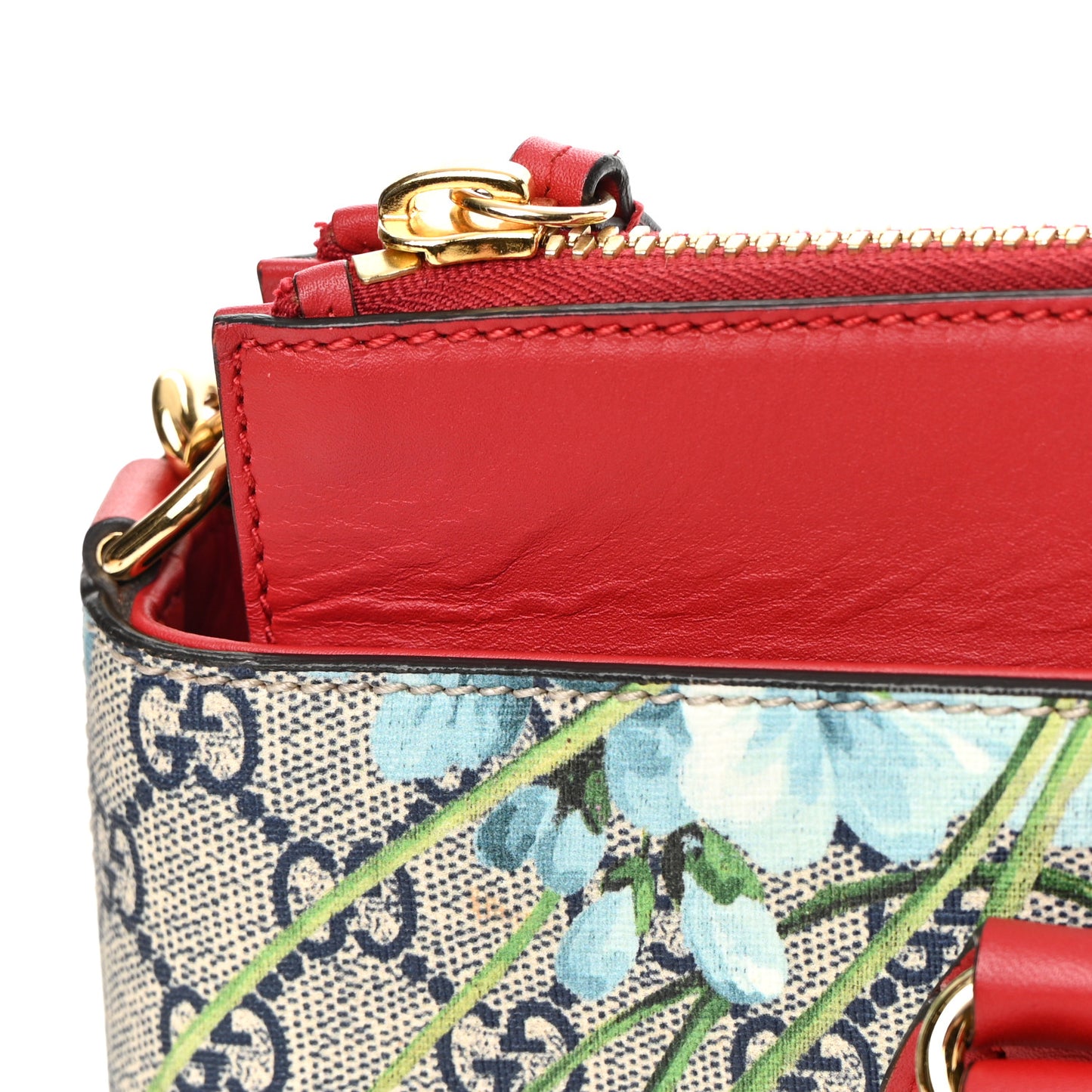 GG Supreme Monogram Blooms Medium Zip Top Tote Beige Blue Navy Hibiscus Red