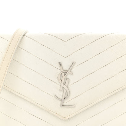 Saint Laurent Grain De Poudre Matelasse Chevron Monogram Envelope Chain Wallet Optical White 16 of 20