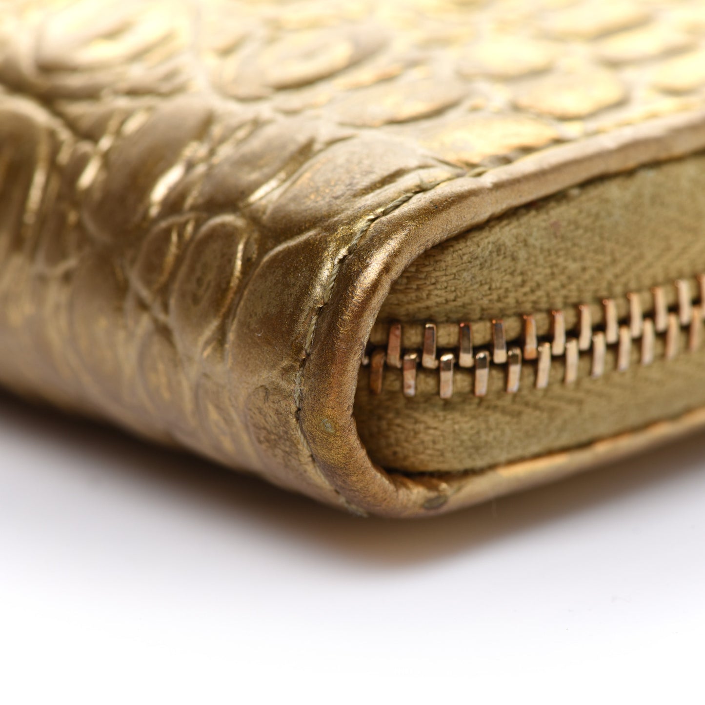 Metallic Calfskin Crocodile Embossed Small Zip Wallet Gold