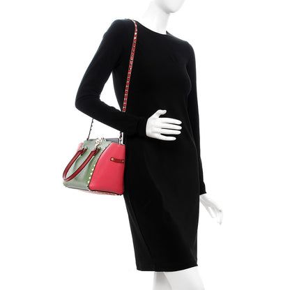 Valentino Garavani Vitello Colorblock Small Rockstud Double Handle Tote Deep Rose Clover Grey Scarlet 2 of 12